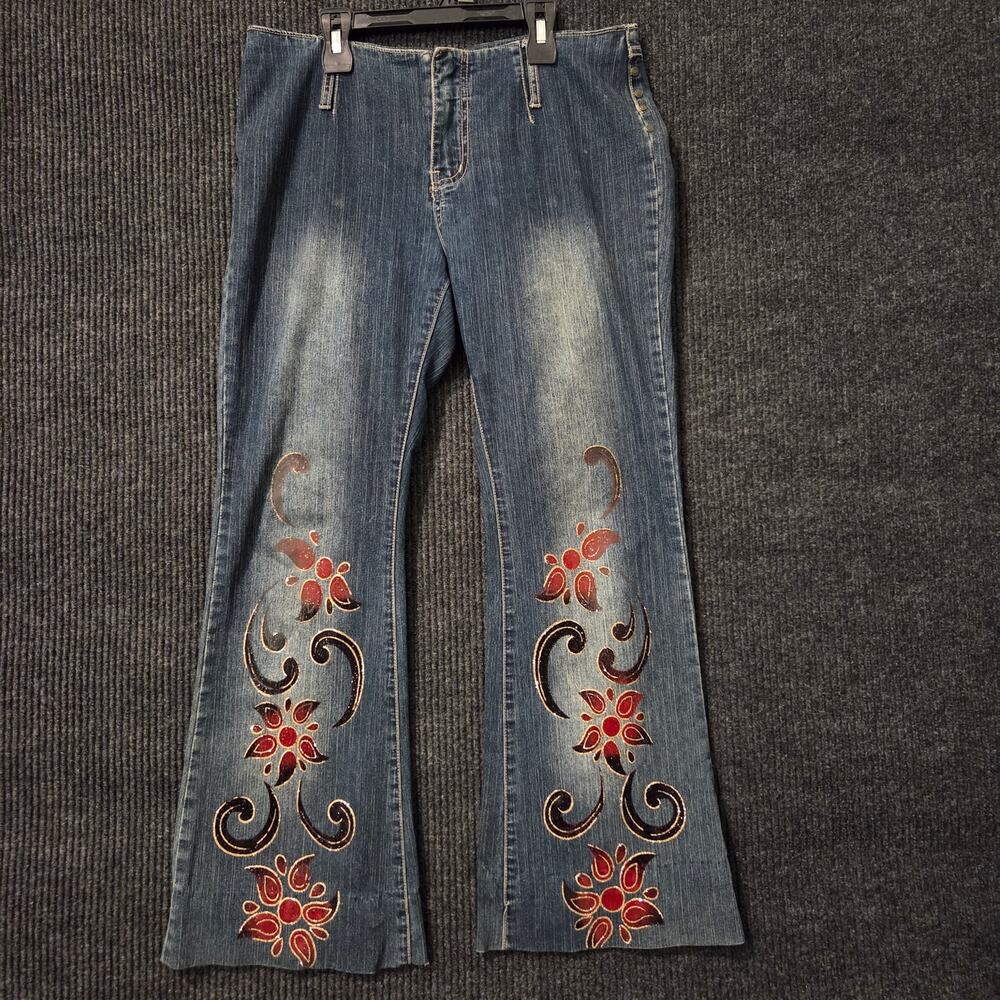 younique vintage y2k painted floral flare jeans women size 9 glitter low rise